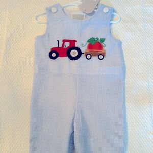 NWT Lil Cactus Blue Seersucker Longall Tractor Pumpkin Applique 12-18m